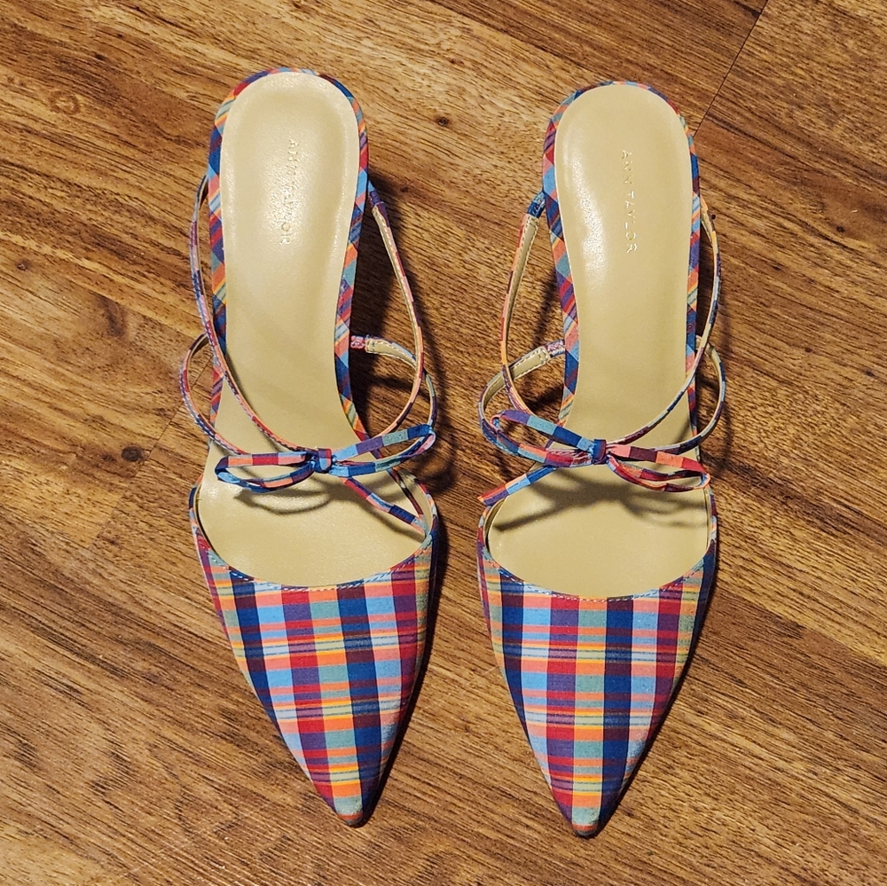 Ann Taylor Plaid Heeled Bow Mules